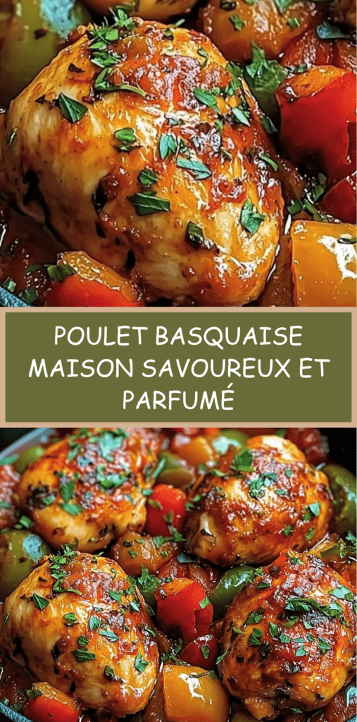 Poulet basquaise mijoté dans une cocotte avec poivrons colorés, tomates fondantes et herbes, sauce riche et brillante, servi chaud avec du persil frais.