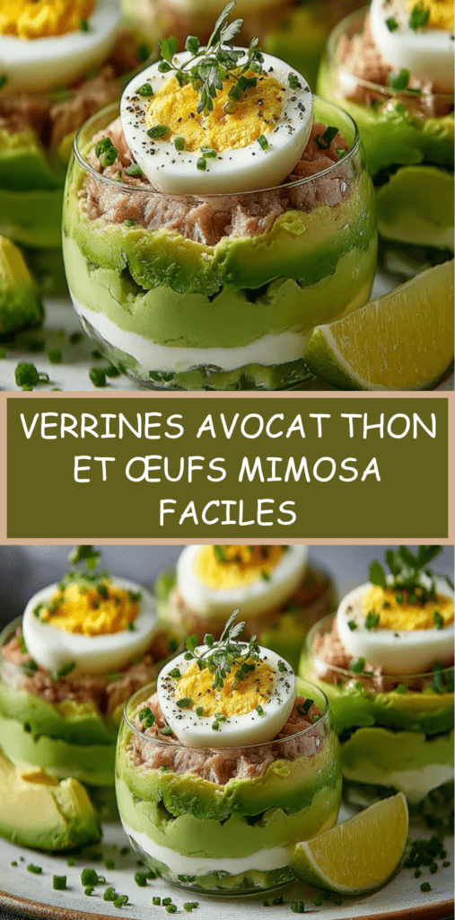 Verrines avocat, thon et œufs mimosa présentées en couches, garnies de ciboulette fraîche, avec une texture crémeuse et une finition élégante.