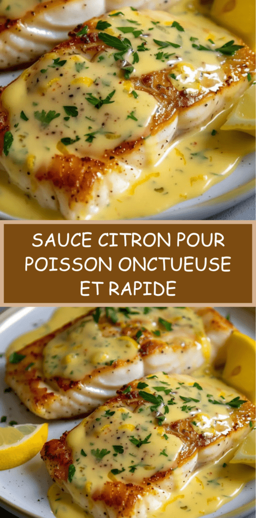 Sauce citron crémeuse servie sur un filet de poisson, garnie de persil frais, avec une texture onctueuse et brillante dans une assiette élégante.