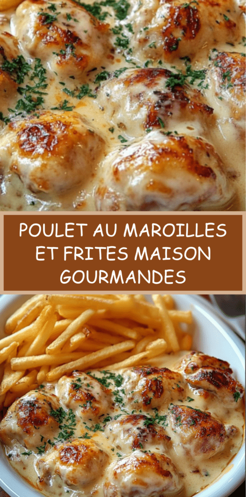 Cassolettes de poulet au maroilles nappées de sauce crémeuse, accompagnées de frites maison dorées et croustillantes, servies bien chaudes dans un plat rustique.