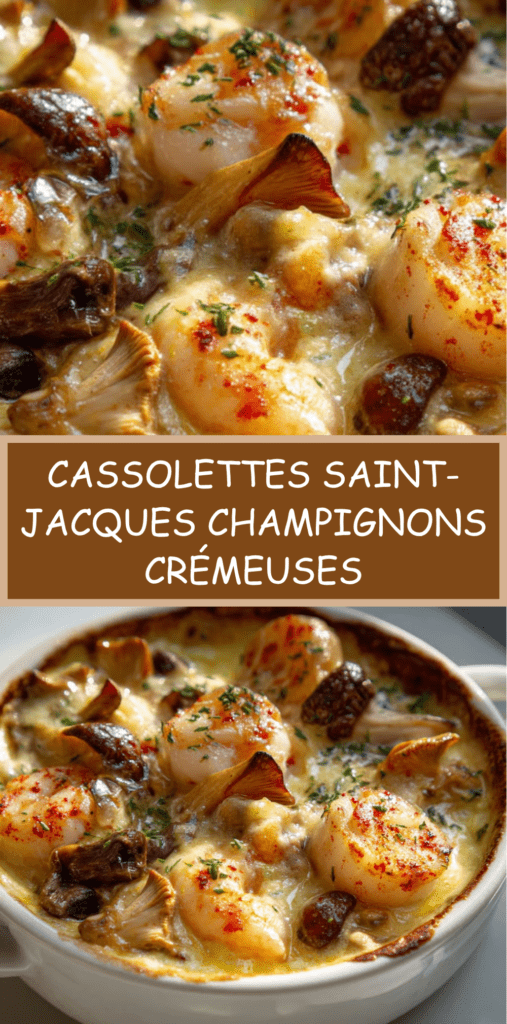 Cassolettes de Saint-Jacques aux champignons nappées de sauce crémeuse gratinée, avec une surface dorée et du persil frais en finition dans des ramequins élégants.