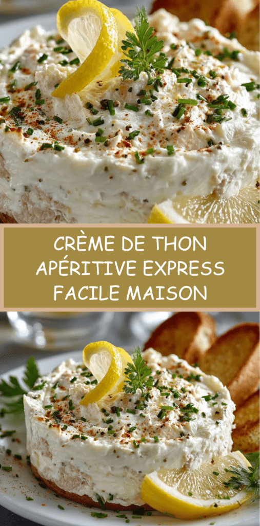 Crème de thon apéritive servie dans un bol, texture lisse et crémeuse, accompagnée de pain grillé et d’herbes fraîches finement ciselées.