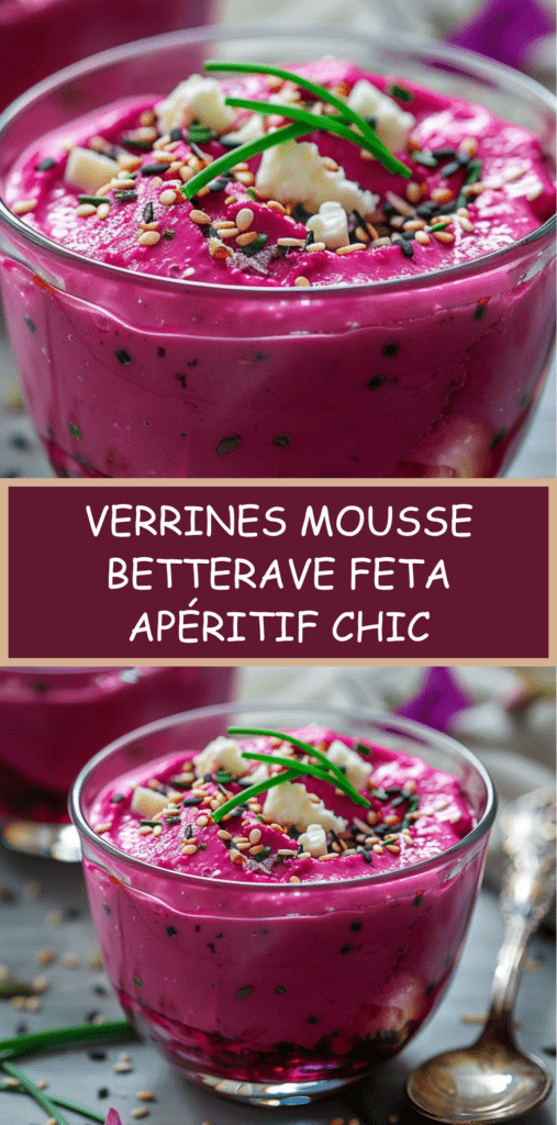 Verrines de mousse de betterave et feta, texture lisse et rose vif, garnies d’herbes fraîches et de graines croquantes dans des verres élégants.