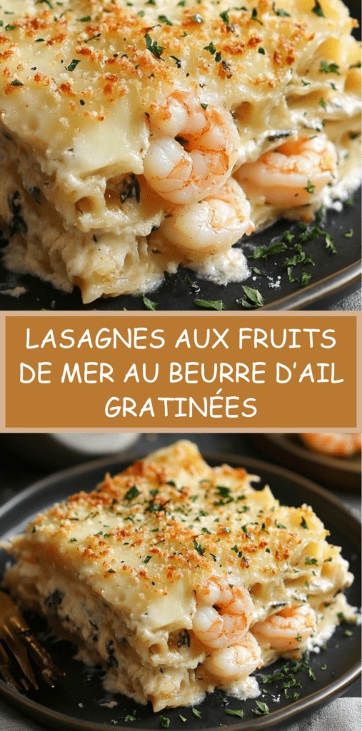 Plat de lasagnes aux crevettes et langoustines au beurre d’ail, nappées de béchamel légère, gratinées au four avec une surface dorée et fondante, servi dans un plat familial.