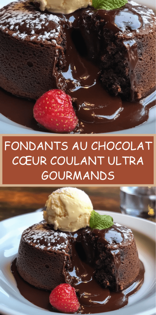 Fondants au chocolat noir avec cœur coulant, servis tièdes dans de petites assiettes avec une boule de glace vanille et quelques fruits rouges.