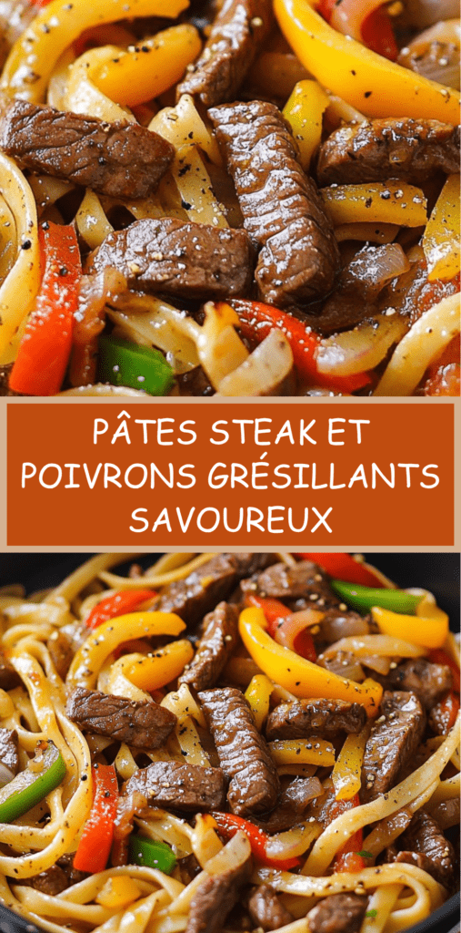 Assiette de pâtes avec lamelles de steak grillées et poivrons colorés, légèrement caramélisés, garnie de persil frais dans une poêle chaude.