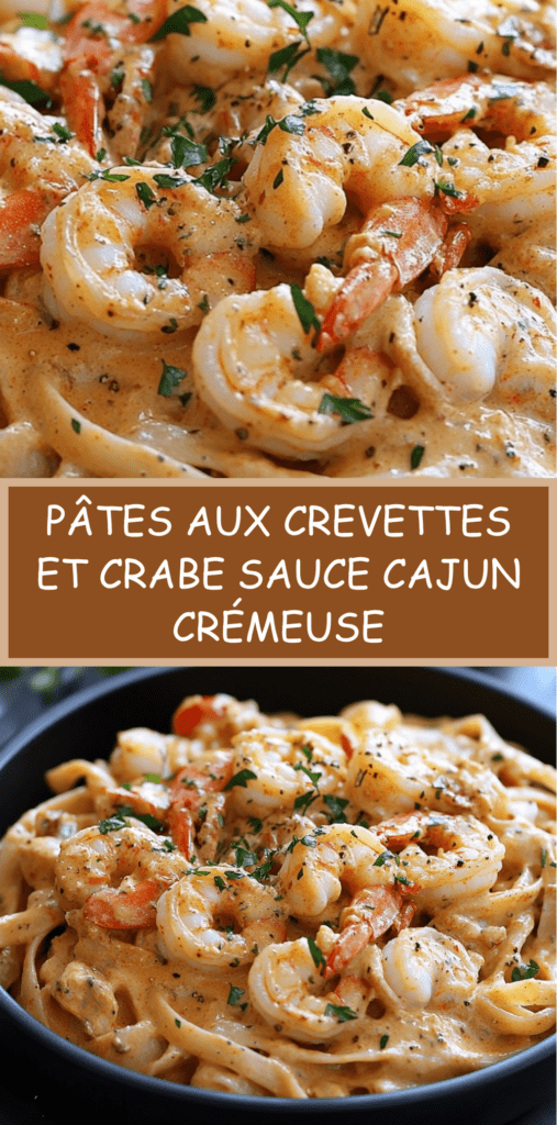 Assiette de pâtes aux crevettes et chair de crabe crémeuses, nappées de sauce cajun épicée, garnies de persil frais et parmesan râpé.