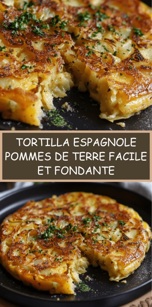 Tortilla espagnole épaisse aux pommes de terre et oignons, dorée à l’extérieur et fondante à l’intérieur, coupée en parts sur une assiette.