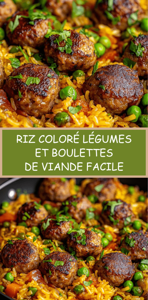 Assiette de riz coloré aux petits pois et poivrons, surmonté de boulettes de viande dorées, garni d’herbes fraîches, présentation chaleureuse.