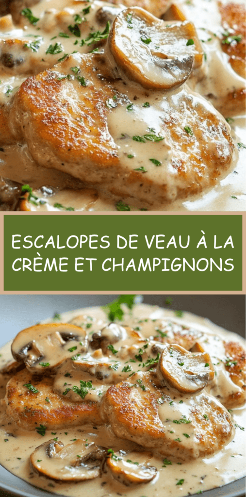 Escalopes de veau nappées de sauce crémeuse aux champignons, servies dans une poêle avec une texture fondante et une présentation élégante.