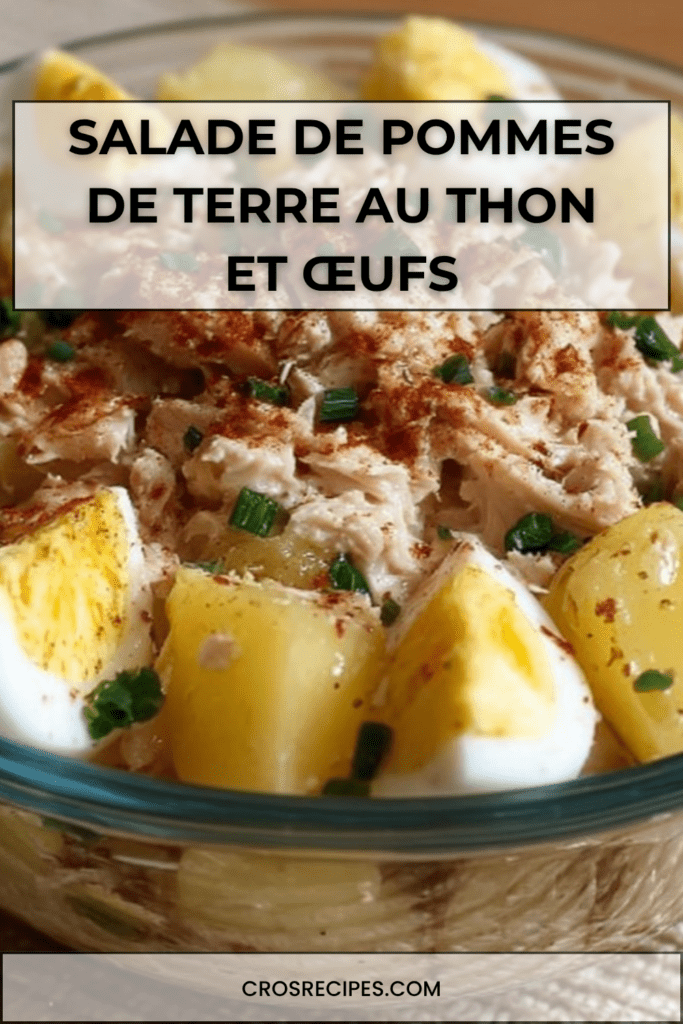 Salade de pommes de terre au thon et œufs, servie dans un grand saladier avec quartiers d’œufs, herbes fraîches et sauce crémeuse à la moutarde et au citron