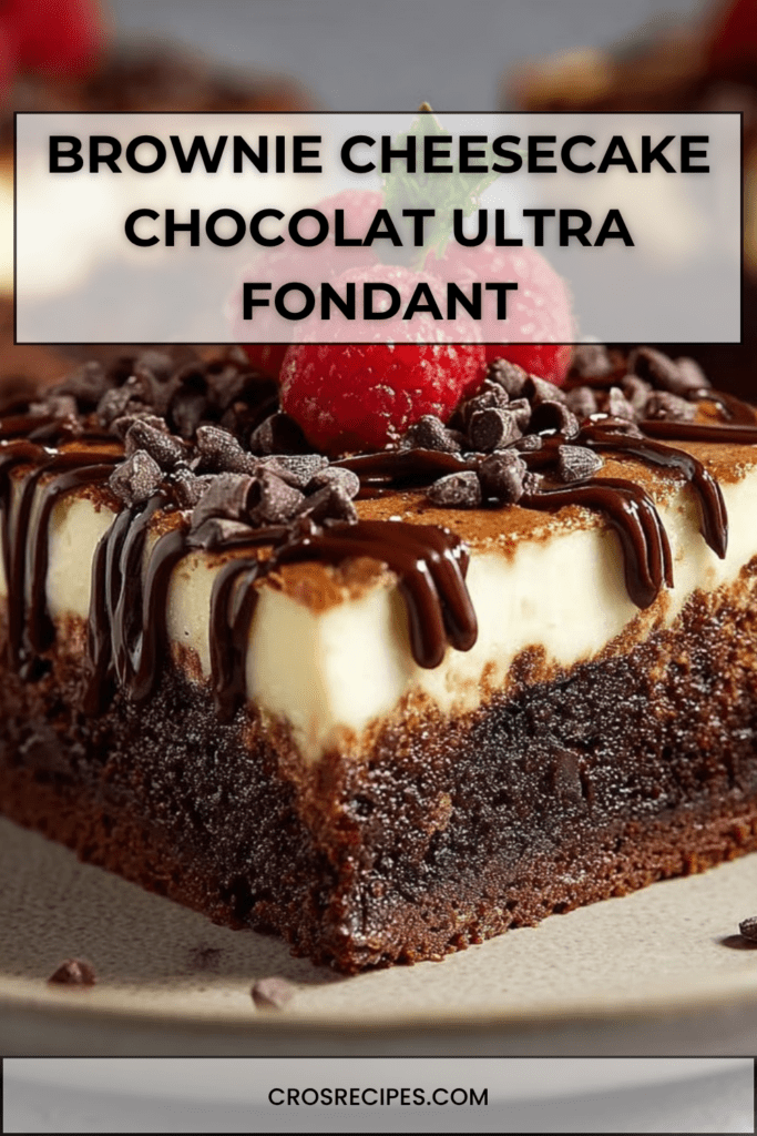 Brownie cheesecake au chocolat fondant coupé en carrés, avec une base brownie dense et une couche cheesecake marbrée, servi sur une assiette dessert