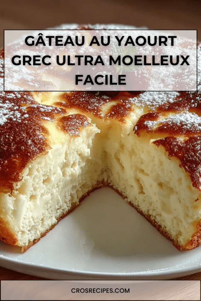 Gâteau au yaourt grec moelleux et doré, tranché sur une assiette avec une texture aérienne et fondante, légèrement saupoudré de sucre