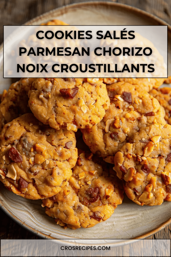 Cookies salés au parmesan chorizo et noix, dorés et croustillants, servis sur une planche avec morceaux visibles de chorizo et éclats de noix