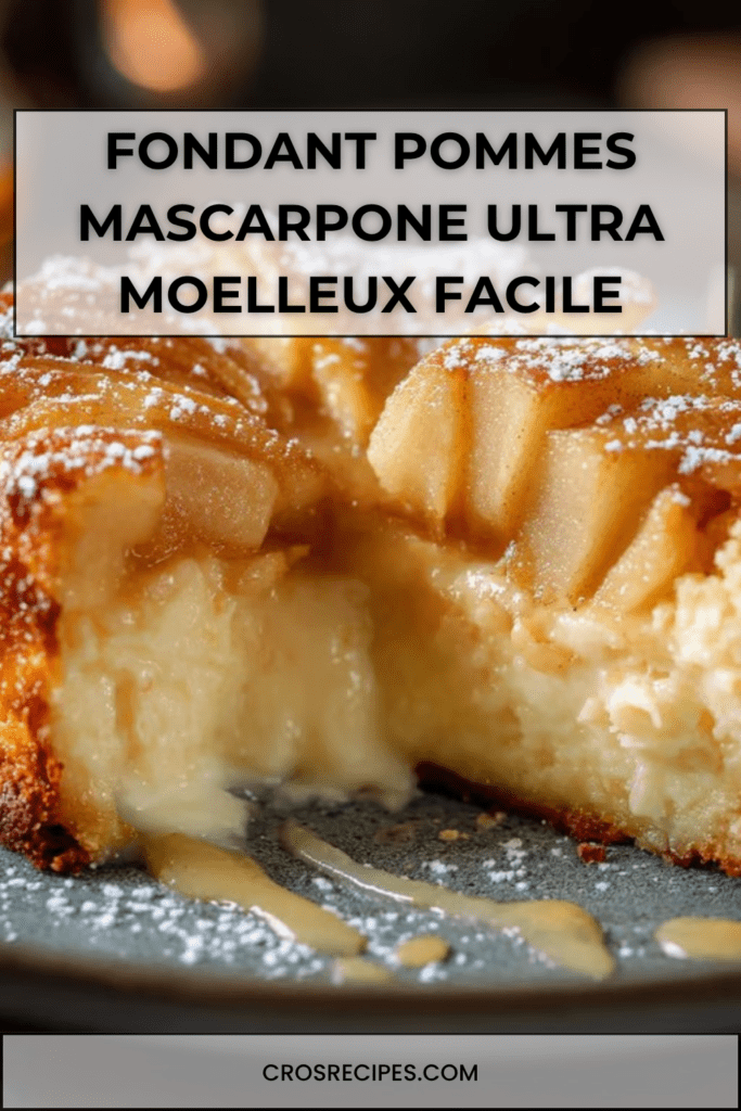 Gâteau fondant pommes et mascarpone, tranché avec une texture moelleuse et des lamelles de pommes visibles, servi sur une assiette dessert