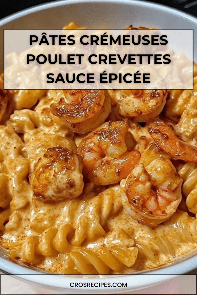Assiette de pâtes crémeuses aux crevettes et au poulet, nappées d’une sauce épicée onctueuse, servies bien chaudes avec fromage fondu et assaisonnement doré.