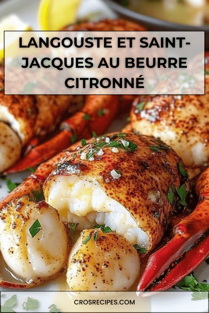 Assiette de queues de langouste et noix de Saint-Jacques dorées nappées de beurre citronné, garnies de persil frais et servies élégamment.