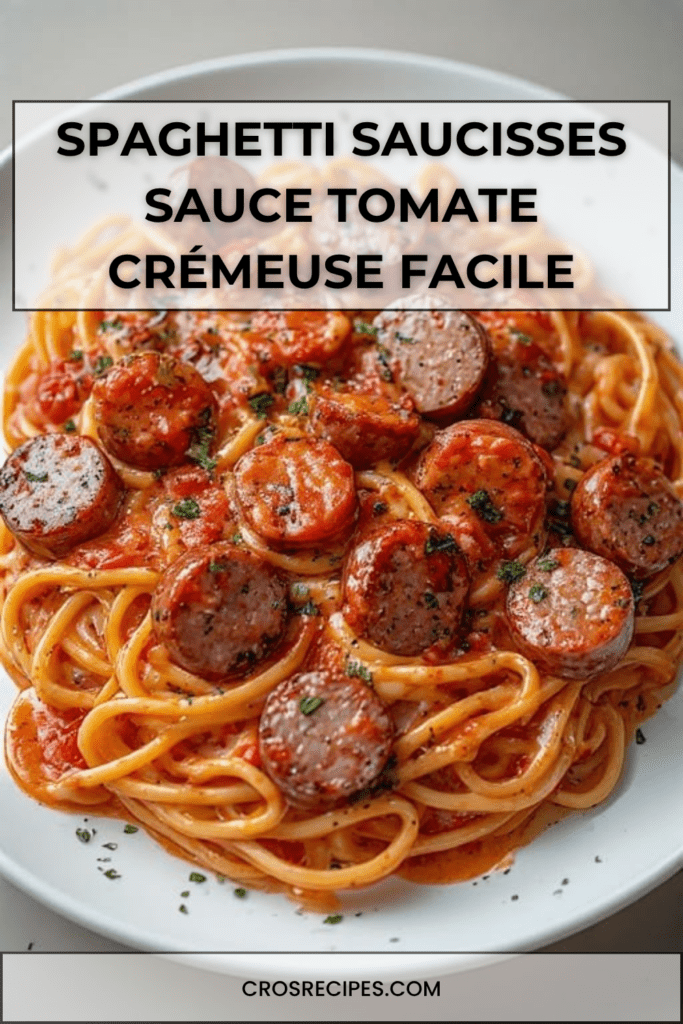 Assiette de spaghetti aux saucisses dorées nappées d’une sauce tomate crémeuse, garnies de parmesan râpé et de persil frais.