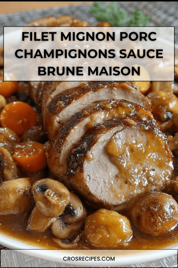 Filet mignon de porc tranché nappé de sauce brune avec champignons fondants et carottes, servi chaud avec persil frais.