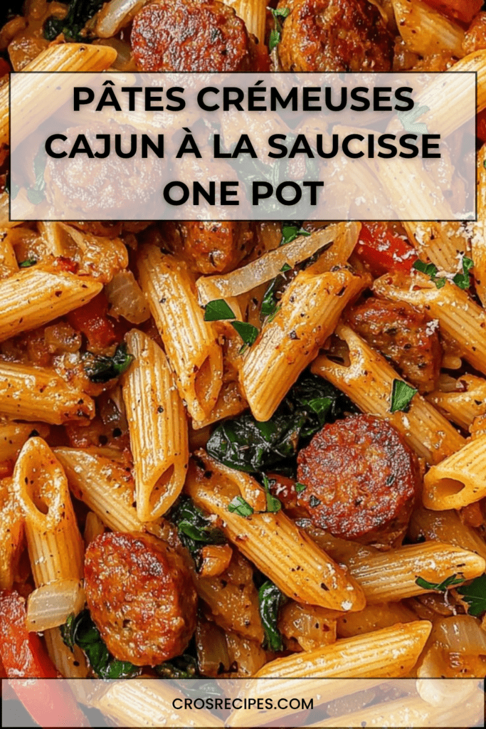 Assiette de pâtes crémeuses cajun à la saucisse fumée, préparées en one pot avec poivron, parmesan et persil frais, servies bien chaudes