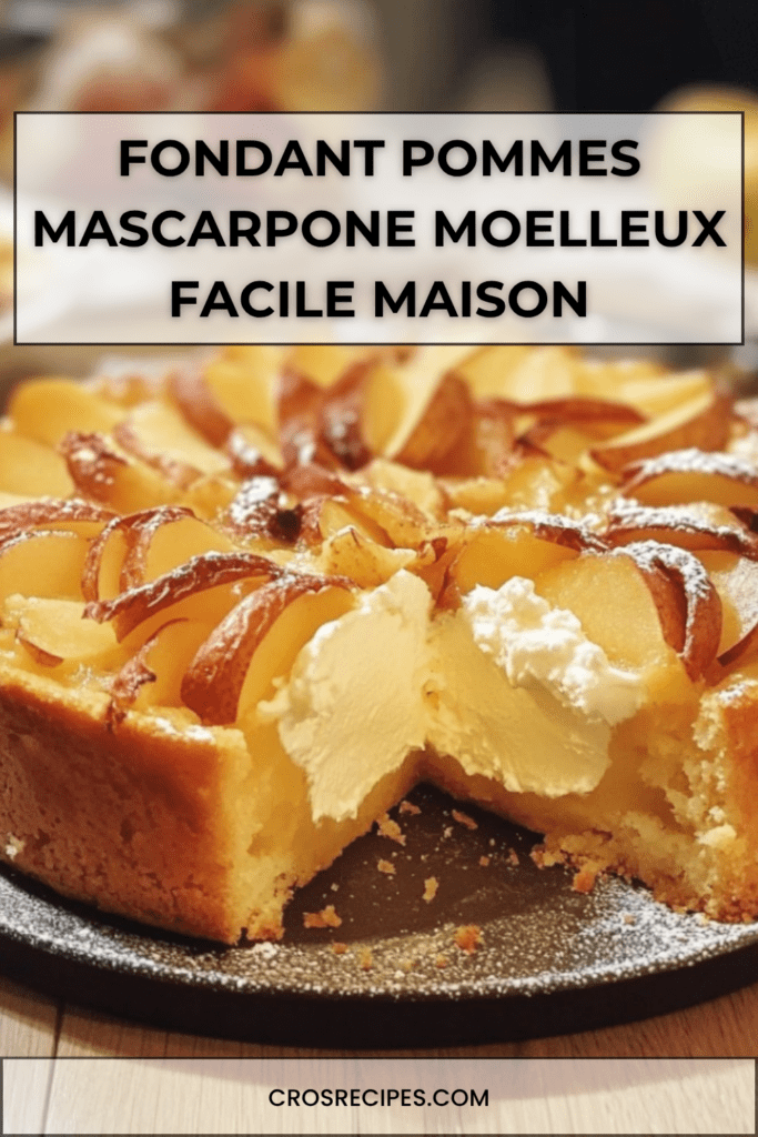 Fondant aux pommes et mascarpone moelleux avec lamelles de pommes dorées, texture fondante et saupoudré de sucre glace