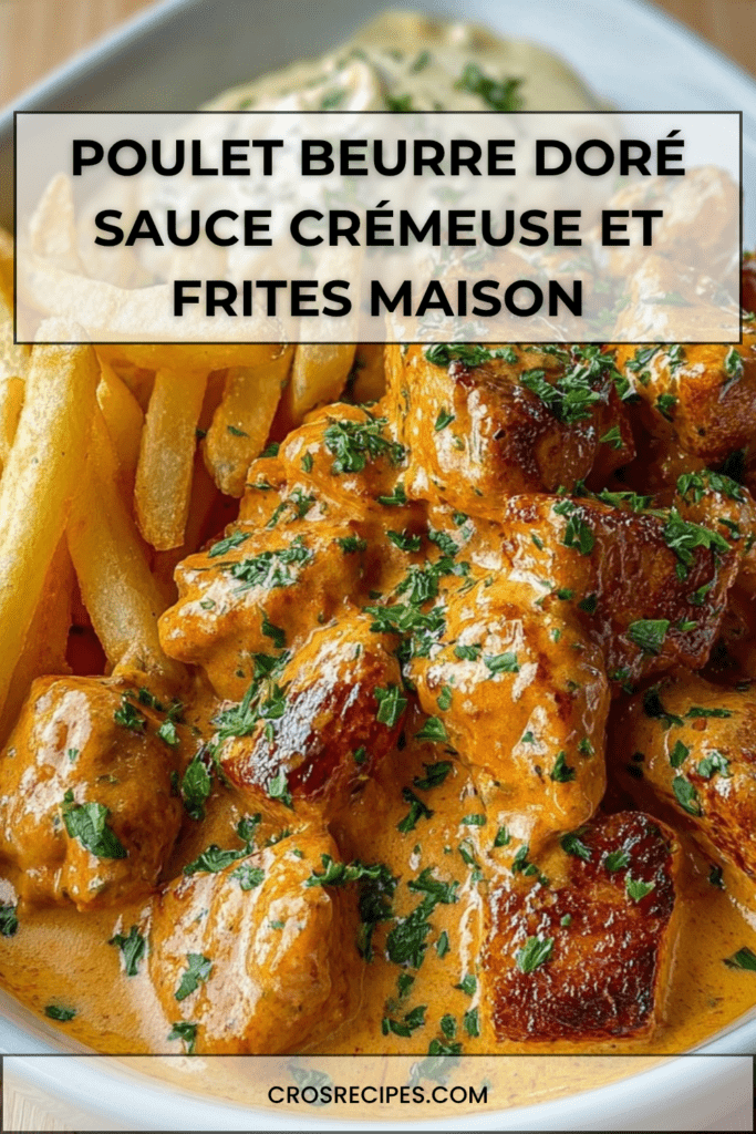 Bouchées de poulet dorées au beurre avec sauce crémeuse nappée et frites croustillantes dorées servies chaudes