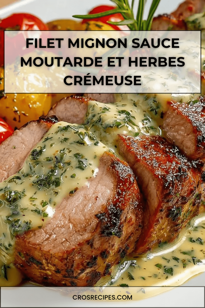 Filet mignon de porc rôti tranché, nappé d’une sauce crémeuse à la moutarde et aux herbes, servi chaud avec une belle coloration dorée.