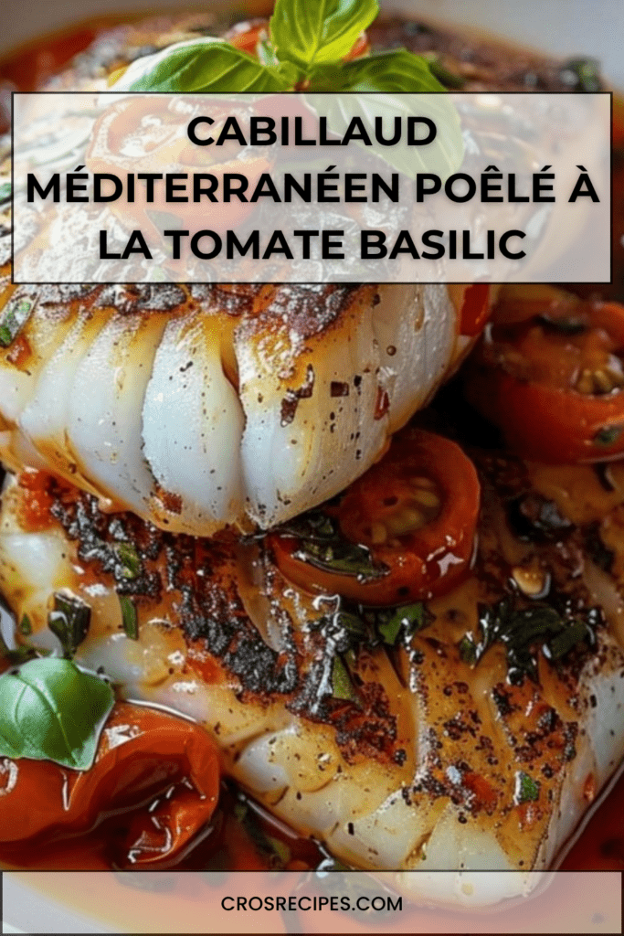 Filets de cabillaud poêlés servis dans une sauce tomate aux tomates cerises, ail, oignon et basilic frais, accompagnés de quartiers de citron.