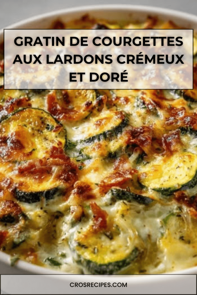 Gratin de courgettes aux lardons avec sauce crémeuse et fromage doré au four, servi chaud dans un plat à gratin familial.