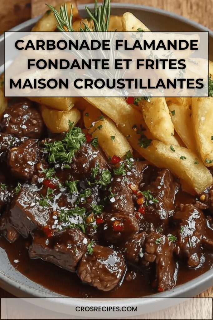 Carbonade flamande de bœuf mijotée à la bière brune avec sauce épaisse, servie avec des frites maison dorées et croustillantes.