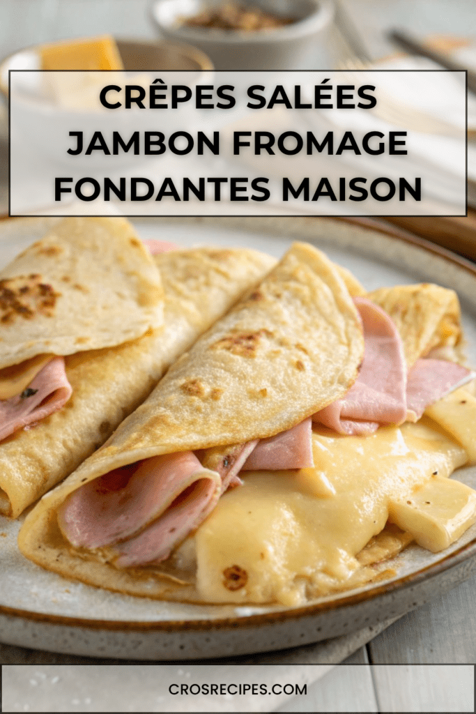 Crêpes salées au jambon et au fromage servies chaudes dans une assiette, garnies de fromage fondant, pliées en triangle, avec une texture dorée et moelleuse.