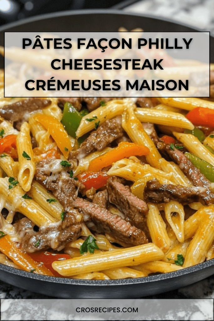 Assiette de pâtes façon Philly Cheesesteak avec bœuf sauté, poivrons colorés, sauce crémeuse au fromage fondant et persil frais.