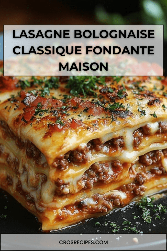 Lasagne à la bolognaise classique sortie du four, couches visibles de pâtes, viande, béchamel et fromage gratiné doré, servie chaude.