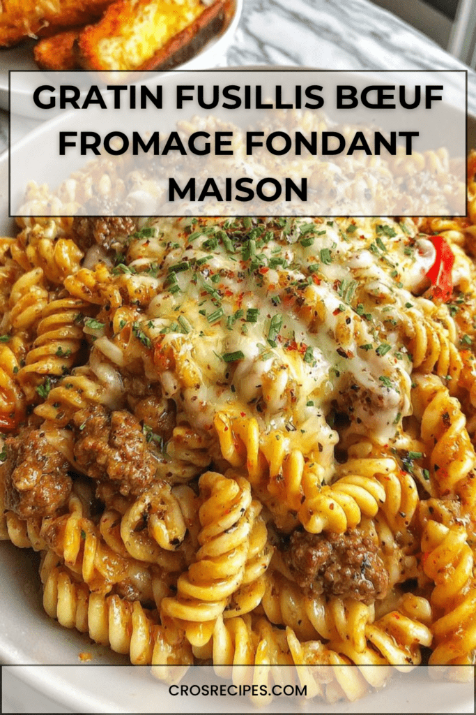 Gratin de fusillis au bœuf et fromage avec pâtes enrobées de sauce tomate crémeuse, viande fondante et fromage gratiné doré.