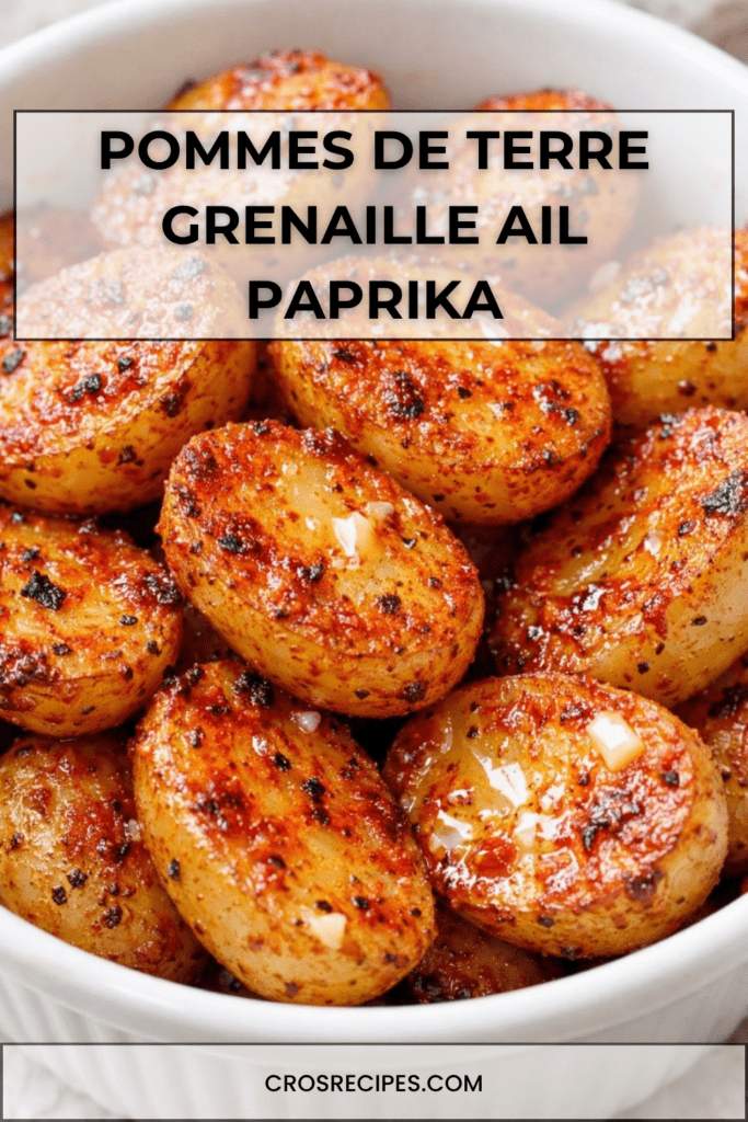 Pommes de terre grenaille rôties au four, dorées et croustillantes, enrobées d’ail et de paprika, servies chaudes avec du persil frais dans un plat rustique.