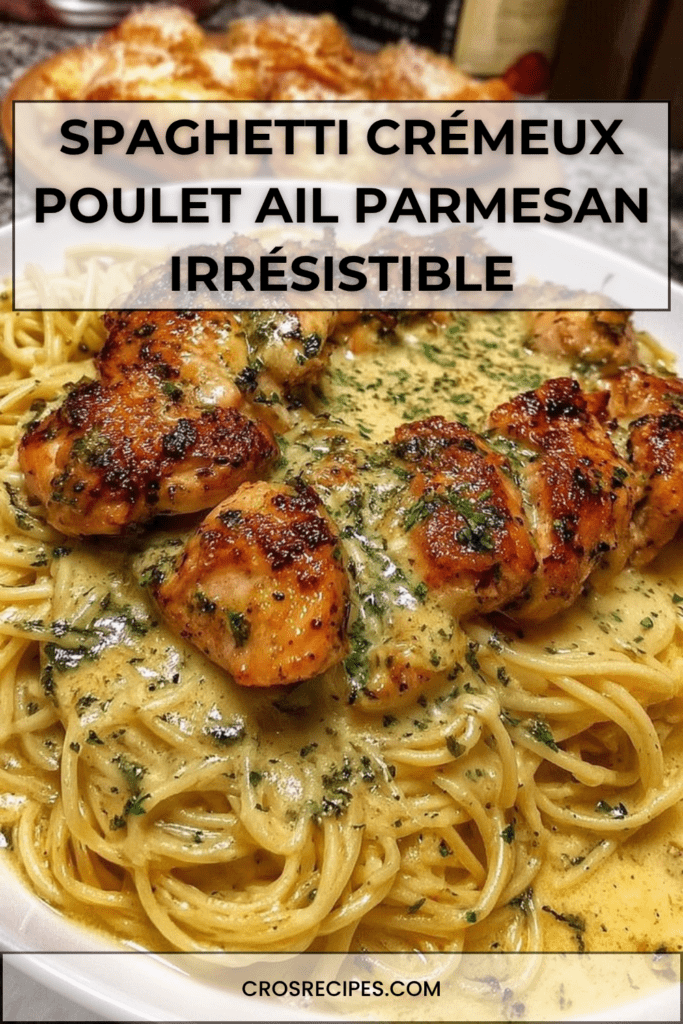 Assiette de spaghetti crémeux au poulet doré, nappés d’une sauce onctueuse à l’ail et au parmesan, décorés de persil frais dans un cadre chaleureux.