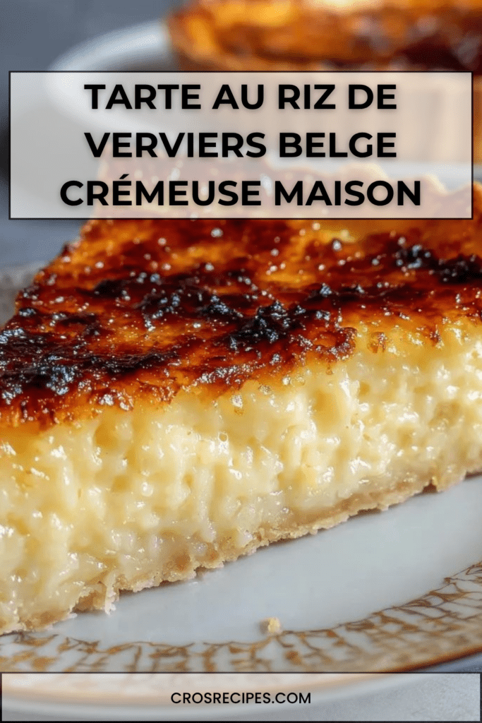 Tarte au riz de Verviers dorée avec surface légèrement caramélisée, garniture de riz au lait crémeux sur pâte croustillante dans un moule traditionnel.