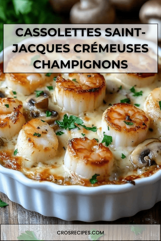 Cassolettes de Saint-Jacques gratinées avec champignons et sauce crémeuse, surface dorée au fromage, servies chaudes dans des ramequins individuels.