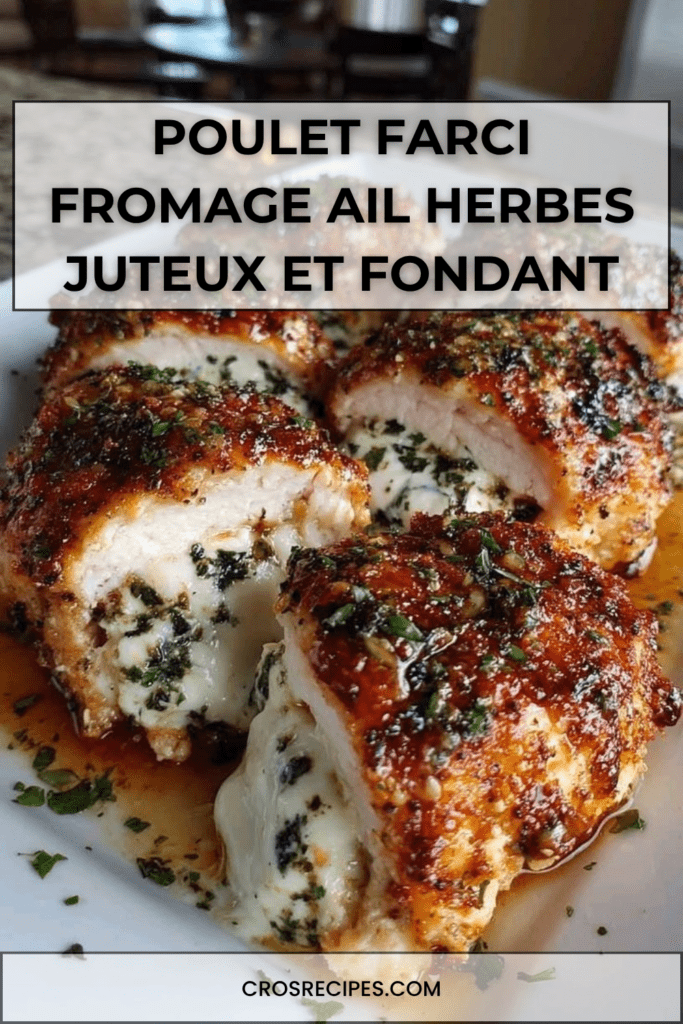 Blancs de poulet farcis au fromage fondant, dorés à l’extérieur, coupés en deux révélant un cœur coulant parfumé à l’ail et aux herbes.