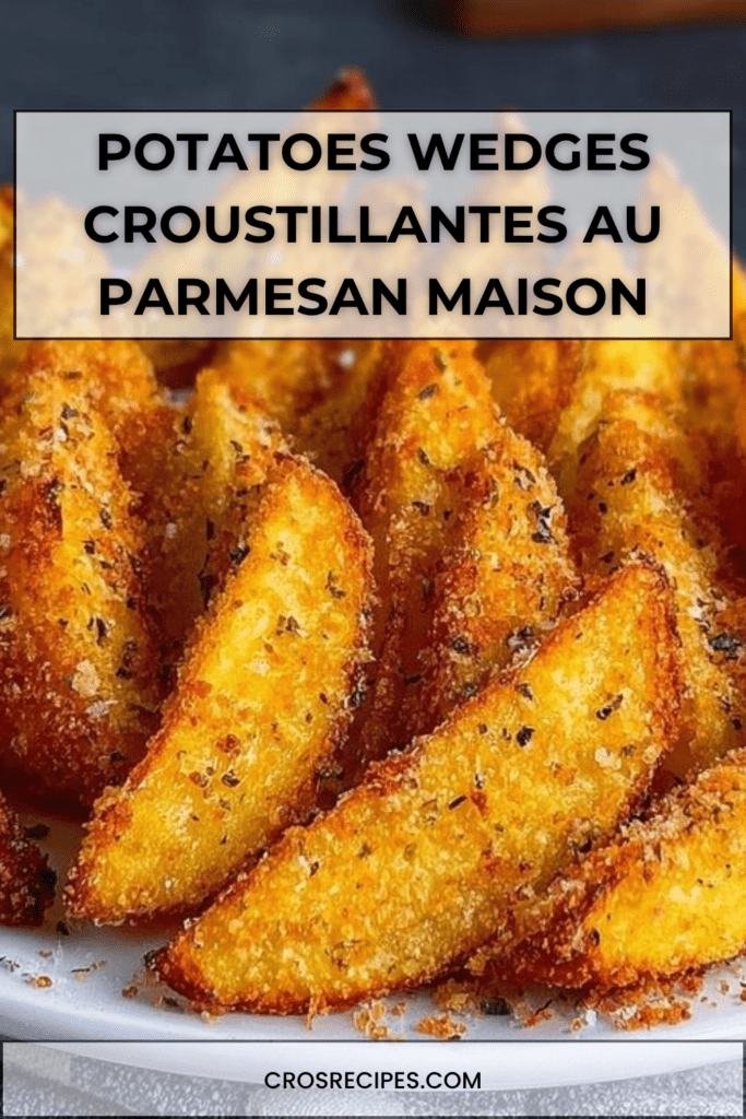 Potatoes wedges dorées et croustillantes au parmesan, avec peau, disposées sur une plaque, texture fondante à l’intérieur.