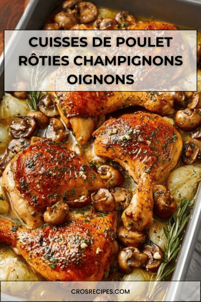 Cuisses de poulet rôties dorées au four avec champignons fondants et oignons caramélisés dans un jus parfumé aux herbes.