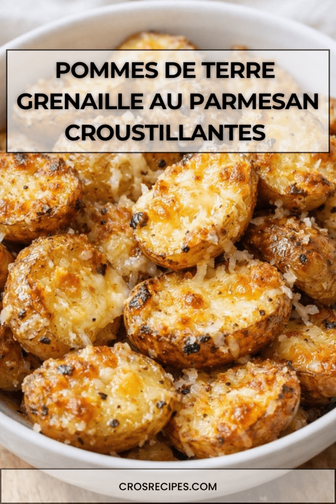 Pommes de terre grenaille rôties au four, dorées et croustillantes, enrobées de parmesan fondu, d’ail et d’herbes, servies chaudes dans un plat rustique.