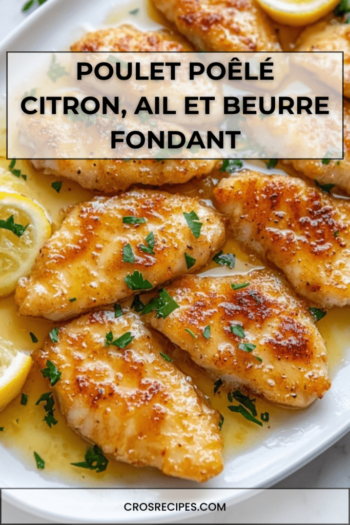 Filets de poulet poêlés, dorés et juteux, nappés d’une sauce brillante au beurre, à l’ail et au citron, garnis de persil frais dans une poêle chaude.