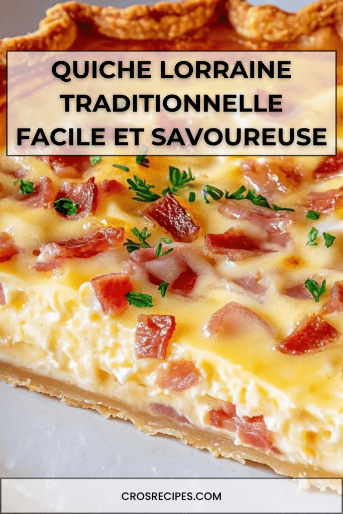 Quiche lorraine dorée à la sortie du four, pâte brisée croustillante garnie d’un appareil crémeux aux œufs, crème et lardons, coupée en parts sur une table rustique.