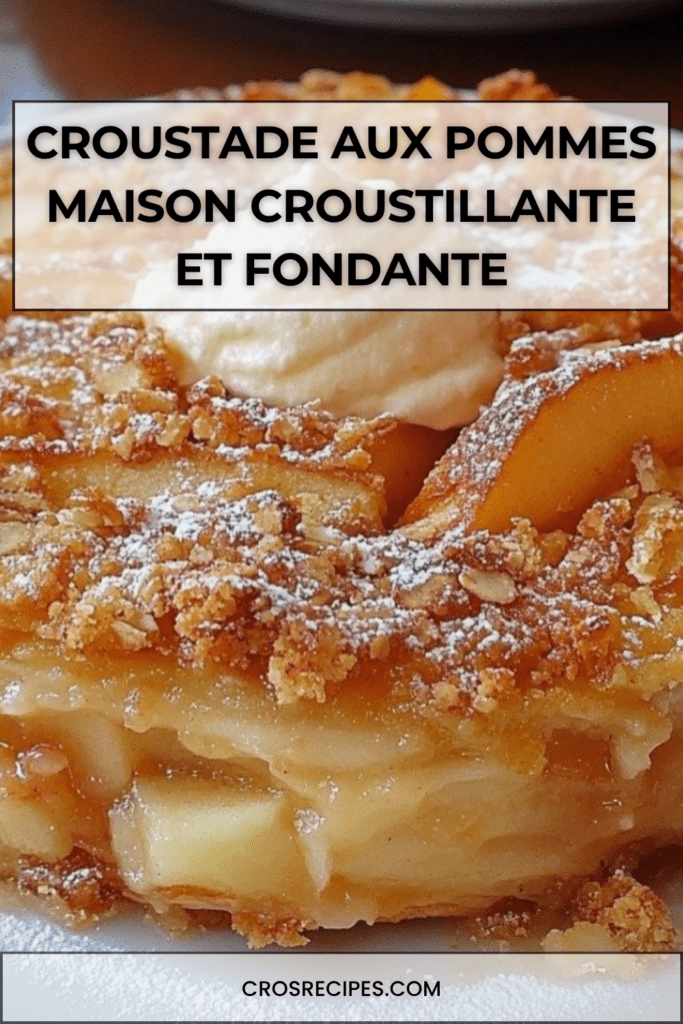 Croustade aux pommes dorée au four, avec une couche croustillante sablée et des pommes fondantes légèrement caramélisées, servie tiède dans un plat rustique.