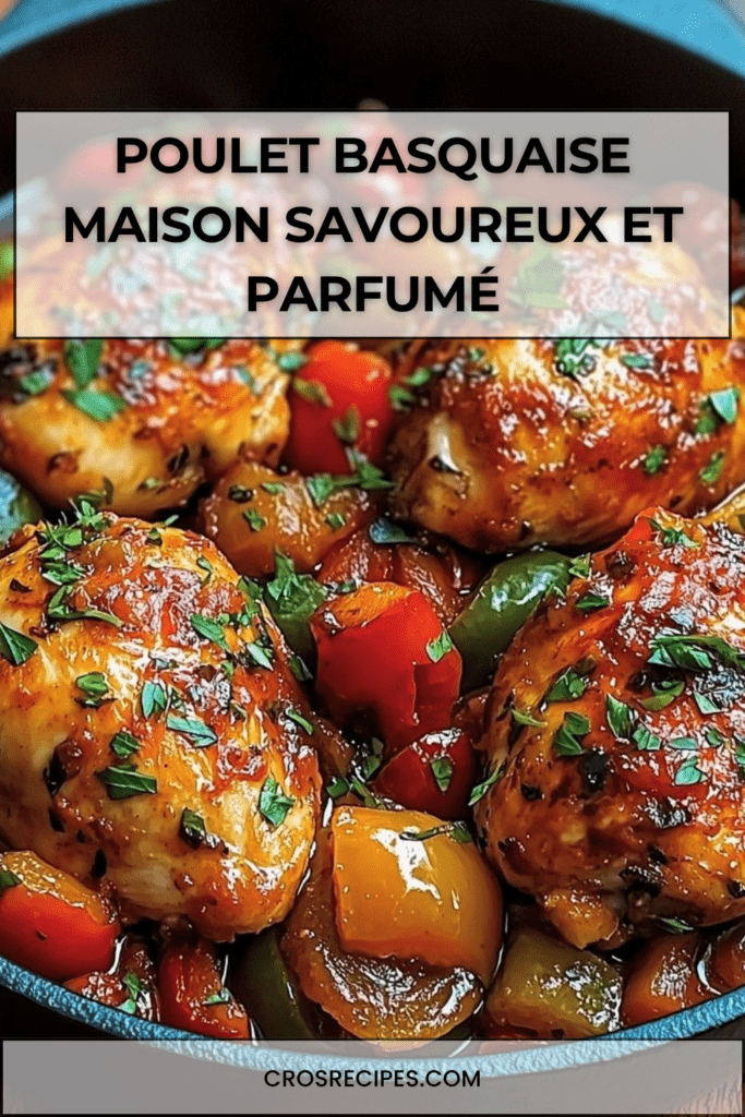 Poulet basquaise mijoté dans une cocotte avec poivrons colorés, tomates fondantes et herbes, sauce riche et brillante, servi chaud avec du persil frais.