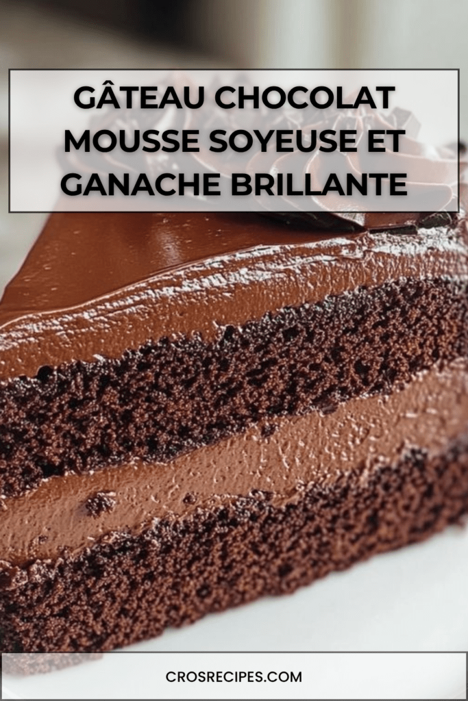Gâteau au chocolat coupé en deux couches, garni d’une mousse aérienne, recouvert d’une ganache brillante et lisse, avec une texture fondante et intense.