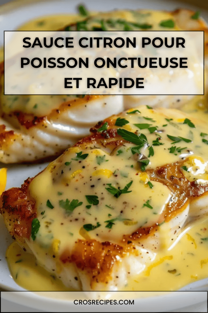 Sauce citron crémeuse servie sur un filet de poisson, garnie de persil frais, avec une texture onctueuse et brillante dans une assiette élégante.