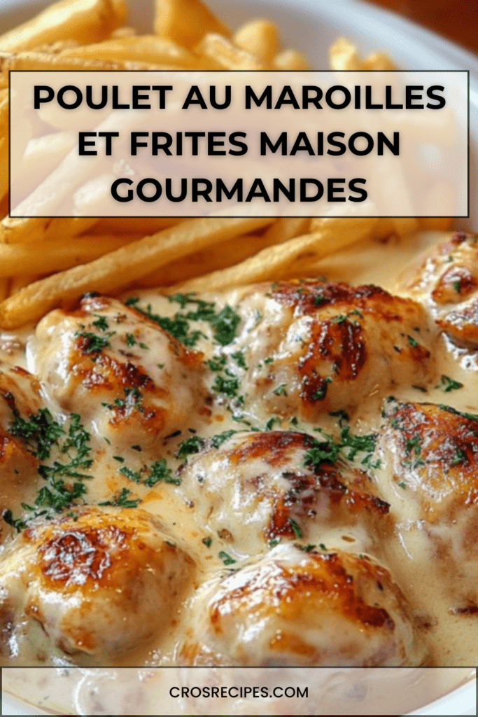 Cassolettes de poulet au maroilles nappées de sauce crémeuse, accompagnées de frites maison dorées et croustillantes, servies bien chaudes dans un plat rustique.