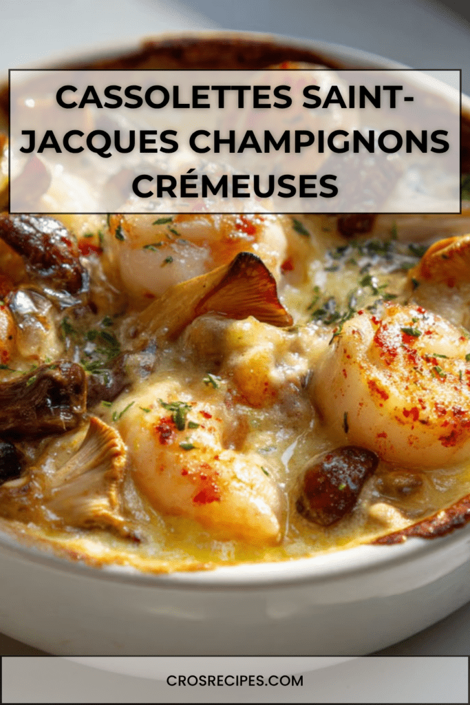 Cassolettes de Saint-Jacques aux champignons nappées de sauce crémeuse gratinée, avec une surface dorée et du persil frais en finition dans des ramequins élégants.